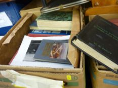 Four boxes and a plastic crate of mainly vintage books including a 1944 copy of 'The US Navy