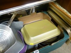 Two boxes of kitchen pans and trays, other trays and crockery