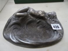 Art Nouveau style metal dish showing a reclining nude female