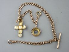 A NINE CARAT GOLD WATCH CHAIN with Masonic orb opening to form a cross, compass fob, T-bar and