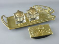 AN ART NOUVEAU BRASS GESCHUTZT DOUBLE INKSTAND & BLOTTER SET, 31 cms long