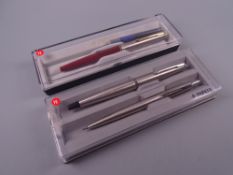 Vintage stainless steel Parker 45 Flighter fountain pen and pencil set with chrome trim, in original