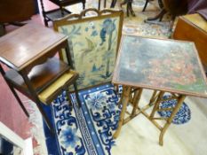 AN OAK FRAMED FIRESCREEN with needlework panel, a bamboo side table and a Victorian mahogany