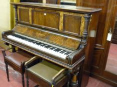 A ROTTMANN VICTORIAN WALNUT UPRIGHT PIANO and two box seat piano stools, 133 cms high, 152 cms wide,