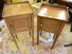TWO VINTAGE MAHOGANY BEDSIDE STANDS, both single door with three quarter rail, 83 cms high the
