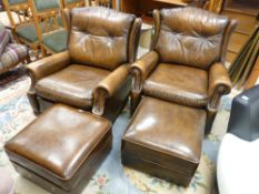 A PAIR OF VINTAGE PEGASUS LEATHER ARMCHAIRS, 84 cms high, 79 cms wide, 85 cms deep overall