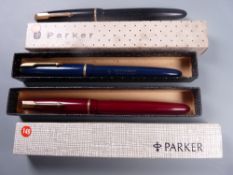 Vintage black Parker Victory fountain pen with 14ct gold nib and gold plated trim, a Vintage blue