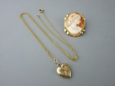 A NINE CARAT GOLD NECK CHAIN with a nine carat gold heart shaped part bright cut locket, 3.5 grms