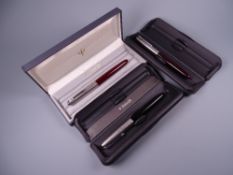 Vintage black Parker 51 fountain pen with stainless steel cap in box and two Vintage burgundy Parker