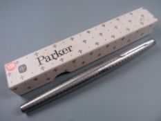 Vintage (1981 date code) stainless steel Parker 45 Harlequin Circlet fountain pen with steel nib and