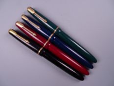 Four Vintage Parker Slimfold fountain pens (black, blue green, red), all with 14k nibs