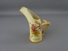 A ROYAL WORCESTER BLUSH IVORY TUSK JUG, pattern 1116, decorated with floral sprays and a gilt antler