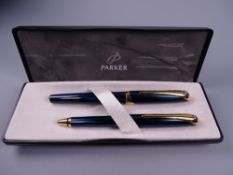 Modern (2000 - 2002) blue Parker Ellipse fountain pen and ballpoint pen set, with 23ct gold plated