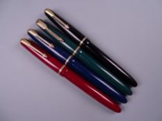 Four Vintage Parker Slimfold fountain pens (black, blue, green, red), all with 14k nibs