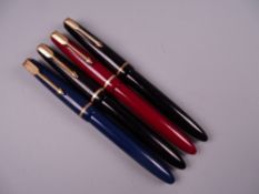 Four Vintage Parker Slimfold fountain pens (two black, one blue, one red), all with 14k nibs