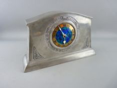 A LIBERTY & CO ENGLISH PEWTER & ENAMEL MANTEL CLOCK, 01156, 18 cms high, 29 cms wide