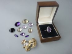 A GILT METAL ROOSTER BROOCH, an amethyst set silver ring, size mid 'N to O' and ten cut semi-