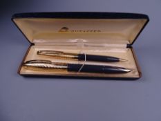 Vintage Grey Sheaffer Imperial VIII Touchdown fountain pen and pencil set, both with gold plated