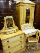 A GOOD VICTORIAN SCUMBLED PINE FOUR PIECE BEDROOM SUITE of single mirrored wardrobe, mirrored