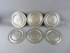 SIX 20.5 cms DIAMETER PEWTER PLATES with foldover rims and matching touch marks
