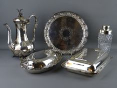 TWO ELECTROPLATE ENTREE DISHES WITH COVERS, a circular tray, a pressed glass cocktail shaker and a