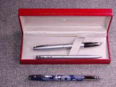 Modern Brushed chrome Sheaffer Triumph 444 fountain pen and ballpoint pen set with s/steel trim. Fou