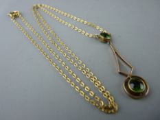 A NINE CARAT GOLD NECK CHAIN with a pendant of two round cut peridots with diamond shaped link,