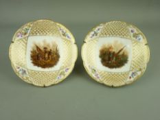 A PAIR DRESDEN HELENA WOLFSOHN HAND PAINTED SHALLOW BOWLS, 14 cms diameter