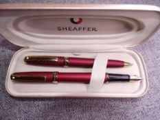 Modern Burgundy matt Sheaffer Prelude fountain pen and ballpoint pen set with 23ct electroplated