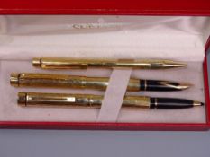 Vintage 23 carat Gold plated Sheaffer Targa fountain pen, roller ball and pencil set with fluted