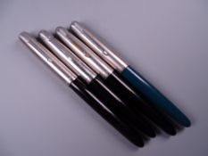 Four Vintage Parker 51 fountain pens (three black, one green)