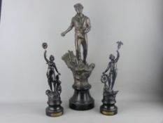 THREE SPELTER FIGURINES, French circa 1900 to include a pair titled 'Le Commerce' and 'L'Industrie',