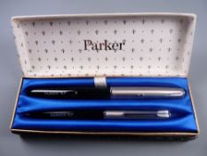 Vintage black Parker 51 fountain pen and pencil set with Lustraloy cap and chrome plated clip, chalk