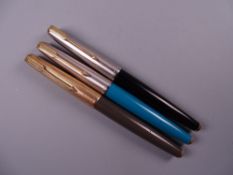 Three Vintage Parker 61 fountain pens (black, teal with stainless steel cap, grey with RG cap)