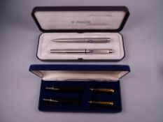 Vintage stainless steel Parker 25 fountain pen and ballpoint pen set, in original box with sleeve
