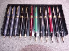 Tray of 12 various vitage Sheaffer fountain pens: 3 grey Imperial I cartridge models with gold