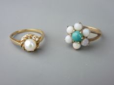 A FOURTEEN CARAT GOLD SINGLE PEARL RING and a nine carat gold opal cluster, size 'P', 2.6 grms and
