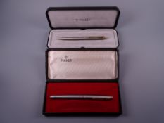 Vintage stainless steel Parker 45 Flighter ballpoint pen with gold trim, in original box and a