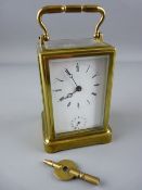 A BRASS CASED CARRIAGE CLOCK stamped 'A D' to backplate, with unusual full view platform top,