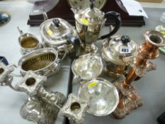 Parcel of mainly electroplate including candelabra, three piece tea service etc