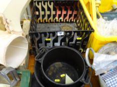 Square metal ornate basket on feet and a pair of non-matching black metallic garden pots