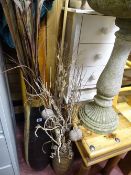 Modern stone bird bath and three planters with reeds etc and a garden parasol