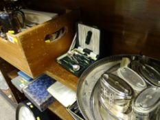 Wooden box with quantity of white metalware and a galleried tray with vintage bank home safes, cased