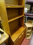 Small wood effect open shelved lounge unit with two base cupboards, a modern trolley and shelving