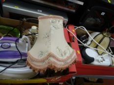 Two boxes of household electricals - iron, toaster, Bosch coffeemaker, lamps etc E/T