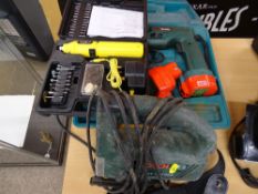 Bosch jigsaw, cased Makita cordless screwdriver etc