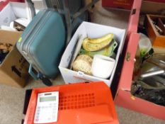 Two vintage suitcases and a box of mixed porcelain and other items