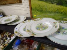 Set of six swallow decorated Staffs plates and a blue and white Oriental finger bowl