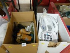 Box of household items including telephones etc and a box of mixed porcelain etc