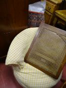 Stylish red and blue patterned rug, tub chair and a folding cane stand